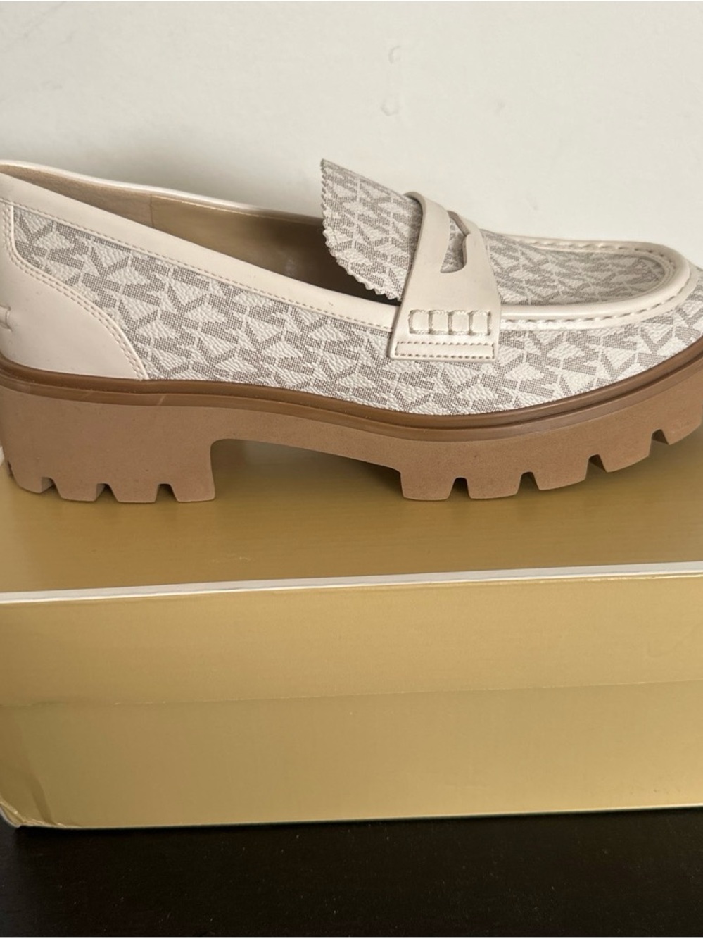 Michael Kors Ivory Logo Penny Loafer with Tan Lug Sole